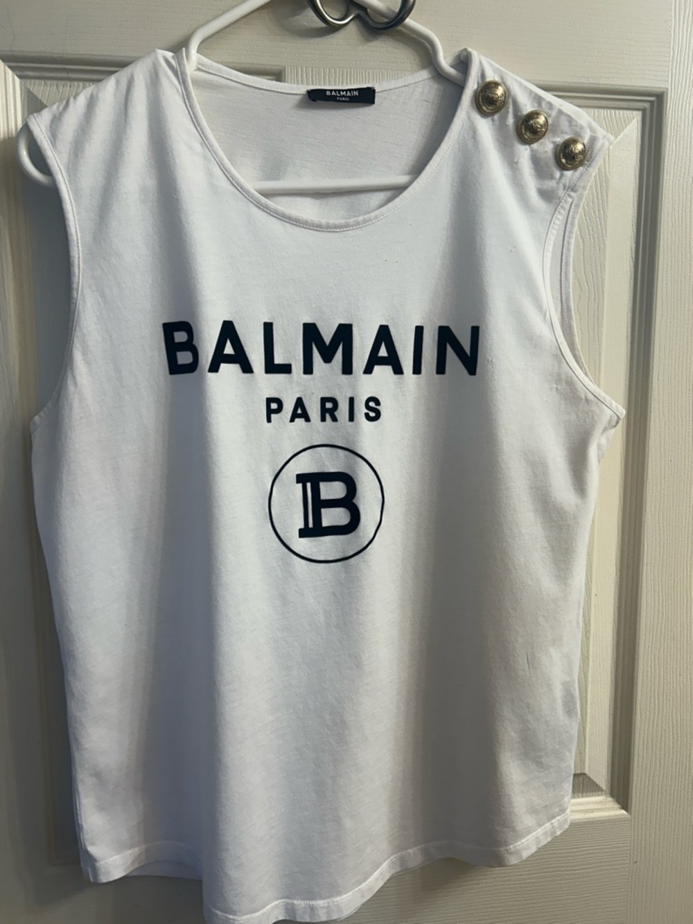 Balmain White Tank with Black Logo and Gold Buttons